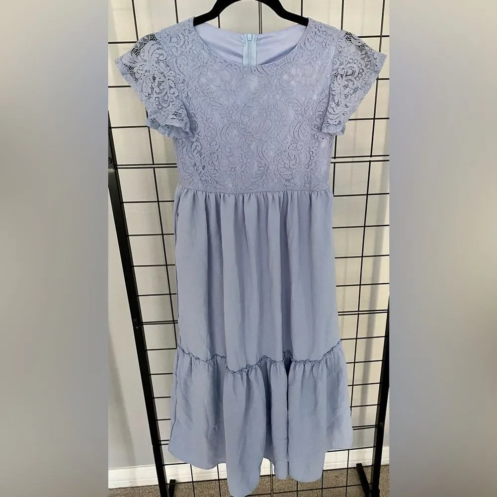 Girls A-line blue lace and ruffle maxi dress NWOT